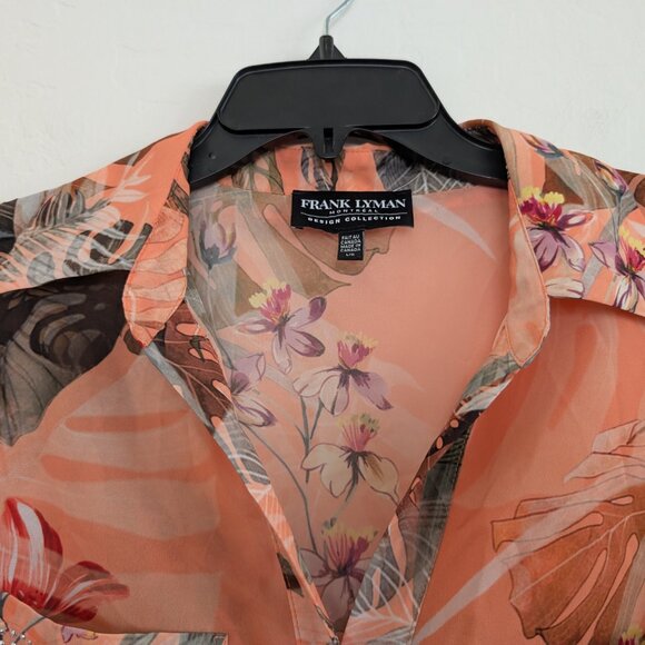 FRANK LYMAN Blouse L Multicolor Floral Sheer Embellished Roll Tab Sleeve Tie - Picture 8 of 14